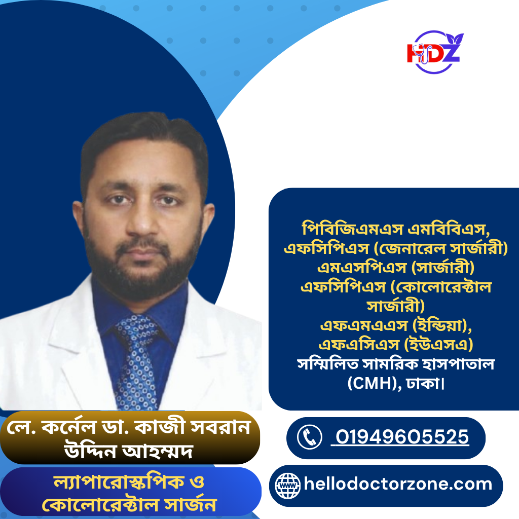 লে. কর্নেল ডা. কাজী সবরান উদ্দিন আহম্মদ পিবিজিএমএস এমবিবিএস, এফসিপিএস (জেনারেল সার্জারী) এমএসপিএস (সার্জারী) এফসিপিএস (কোলোরেক্টাল সার্জারী) এফএমএএস (ইন্ডিয়া), এফএসিএস (ইউএসএ) সম্মিলিত সামরিক হাসপাতাল (CMH), ঢাকা।