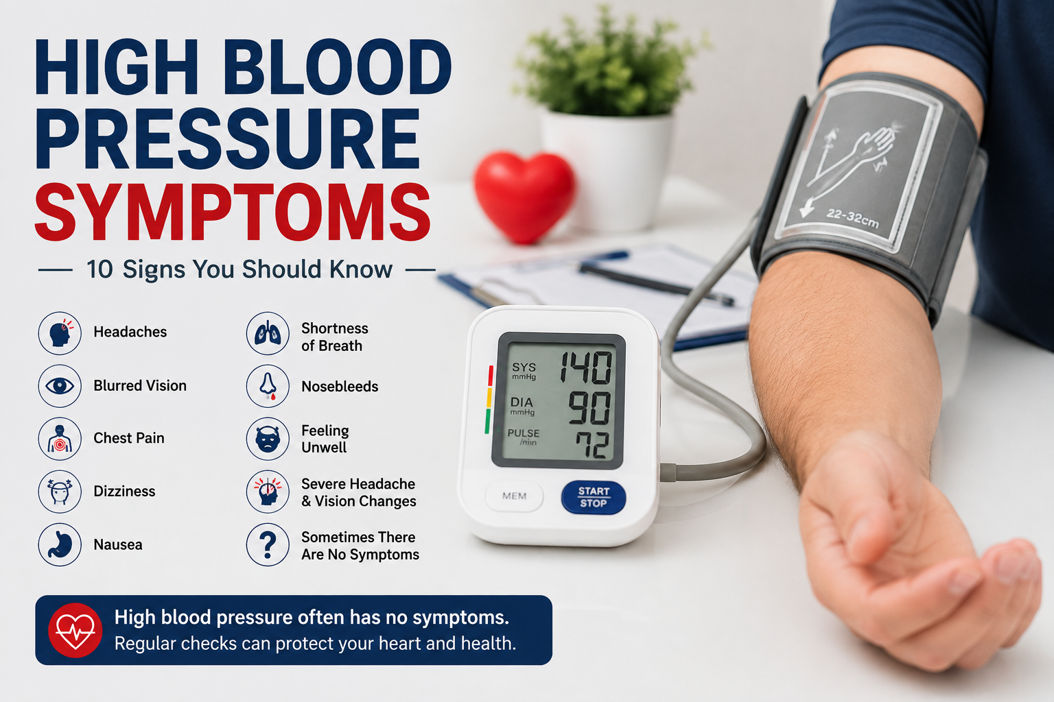 High blood pressure symptoms and blood pressure monitor