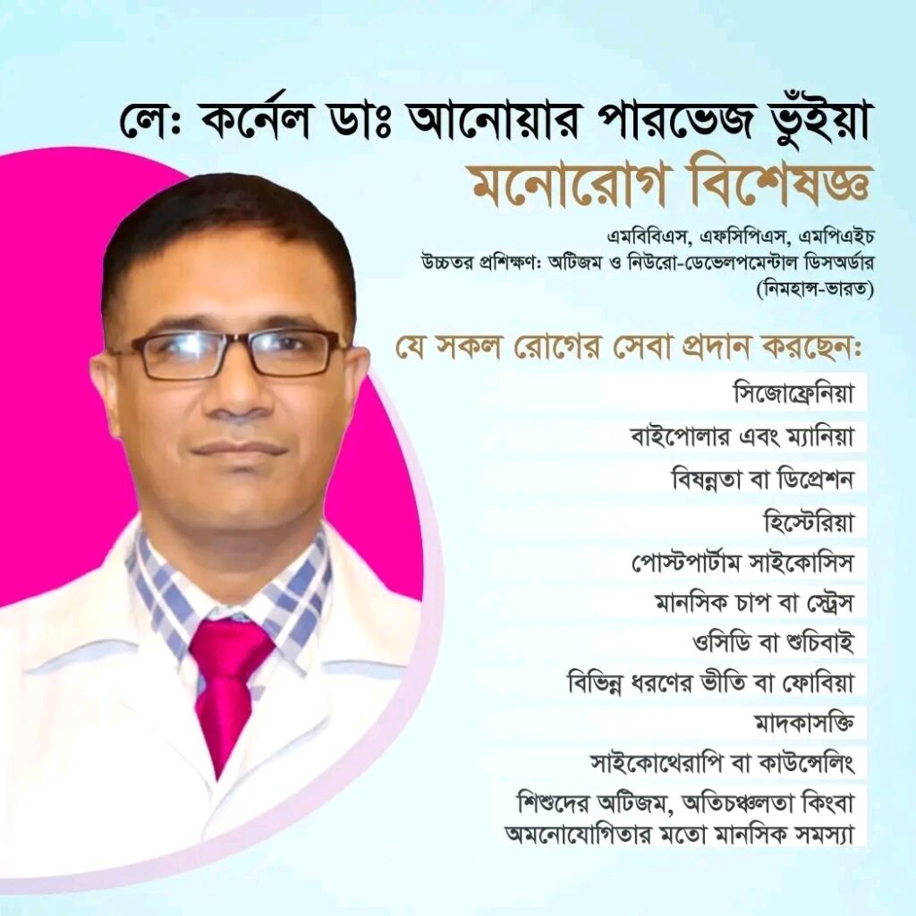 লেফটেন্যান্ট কর্নেল ডা. আনোয়ার পারভেজ ভূঁইয়া এমবিবিএস, এফসিপিএস, এমপিএইচ, গ্রেডিং কোর্স ইন সাইকিয়াট্রি (এএফএমআই), অ্যাডভান্সড ট্রেনিং অন অটিজম অ্যান্ড নিউরোডেভেলপমেন্টাল ডিসঅর্ডার (নিমহ্যান্স)