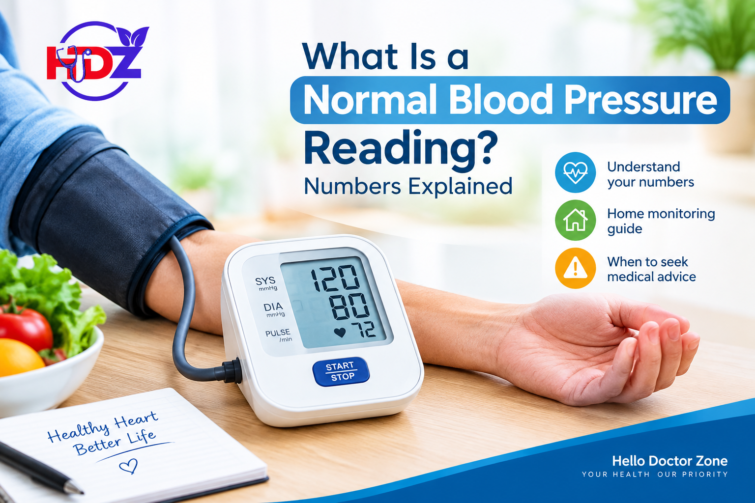 Normal blood pressure reading on a digital blood pressure monitor