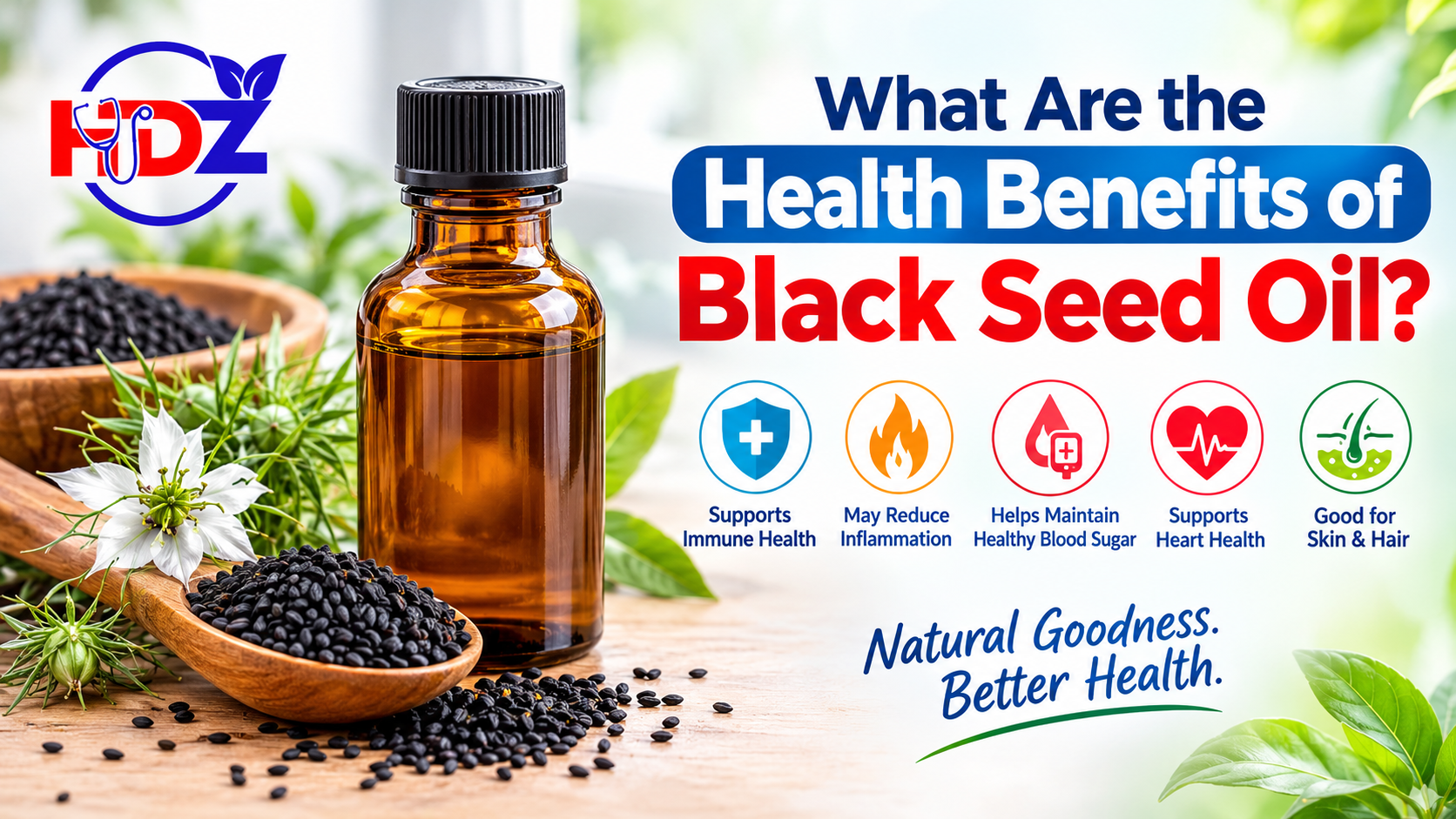 Black seed oil bottle with Nigella sativa seeds